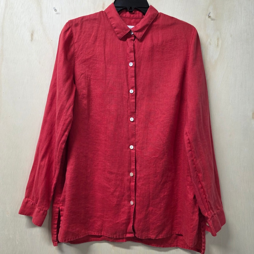 J. Jill Love Linen Essential Shirt Red Button Down 100% Linen Womens Small